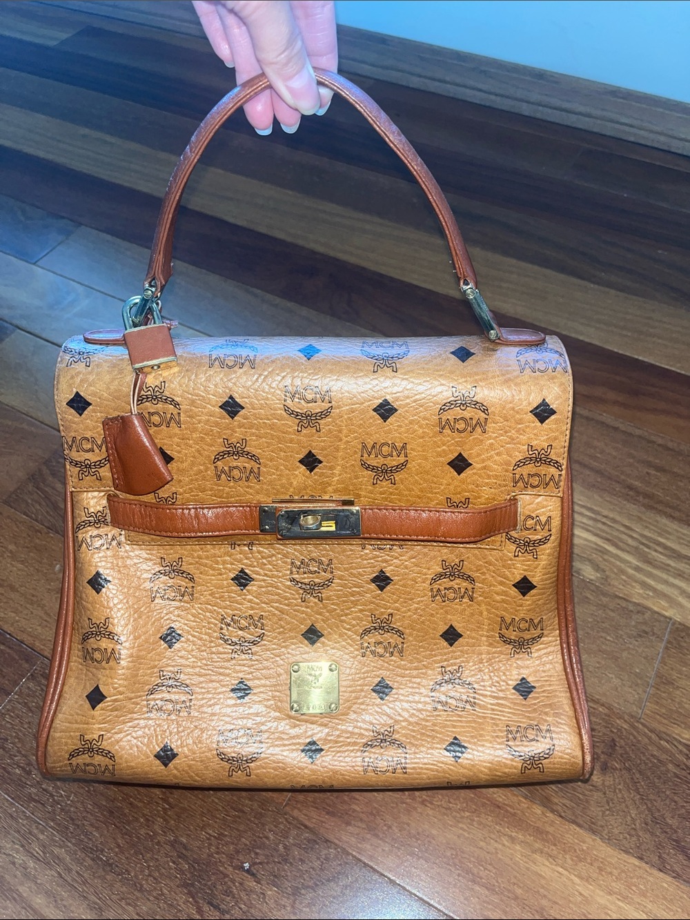 MCM Cognac Visetos Top-Handle Satchel with Gold Hardware Kelly